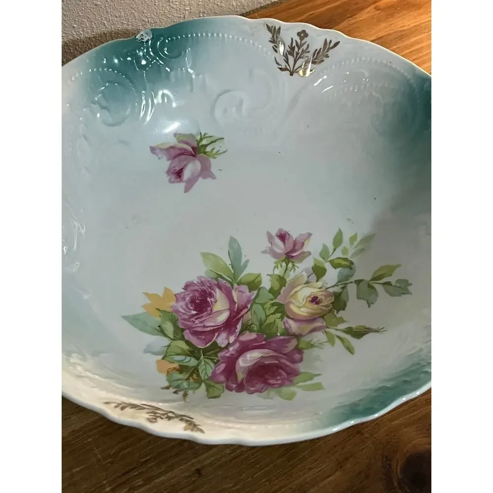Vintage‎ Floral Serving Bowl 9” Pink Roses Gold Trim Cottagecore